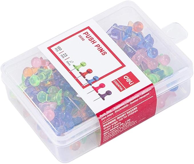 Deli E0030 Transparent Colored Push Pin 100-Pack, Multicolor- Pack Of 05 - Image 1